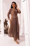 Buy_Preeti Mehta_Brown Tissue, Satin Embroidery, Beads, Metallic Chestnut Draped Kurta And Pant Set _Online_at_Aza_Fashions