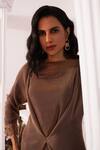 Shop_Preeti Mehta_Brown Tissue, Satin Embroidery, Beads, Metallic Chestnut Draped Kurta And Pant Set _Online_at_Aza_Fashions