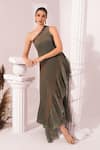 Preeti Mehta_Green Tissue, Satin Beads, Embroidery One Shoulder Metallic Moss Dress _at_Aza_Fashions