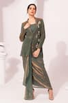 Buy_Preeti Mehta_Green Tissue, Satin Beads, Stones, Metallic Thread, Moss Regal Jacket Skirt Set _at_Aza_Fashions