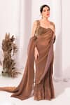 Shop_Preeti Mehta_Brown Tissue, Satin Sequins, Metallic Chestnut Pre-draped Saree With Blouse _Online_at_Aza_Fashions