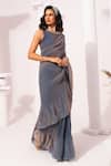 Buy_Preeti Mehta_Blue Tissue, Satin Embroidery Round Metallic Steel Pre-draped Saree With Blouse _Online_at_Aza_Fashions