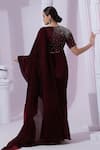 Shop_Preeti Mehta_Wine Satin, Tissue Beads, Sequins Metallic Red Pre-draped Saree With Blouse _at_Aza_Fashions