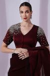 Buy_Preeti Mehta_Wine Satin, Tissue Beads, Sequins Metallic Red Pre-draped Saree With Blouse _Online_at_Aza_Fashions