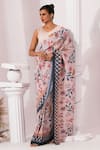 Buy_Preeti Mehta_Cream Viscose Georgette, Polyester Checks And Whimsy Pre-draped Saree With Blouse _at_Aza_Fashions
