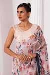 Shop_Preeti Mehta_Cream Viscose Georgette, Polyester Checks And Whimsy Pre-draped Saree With Blouse _Online_at_Aza_Fashions