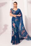 Buy_Preeti Mehta_Blue Chiffon, Lurex Foil Printing, Wildflower Deep Pre-draped Saree With Blouse _at_Aza_Fashions