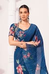 Preeti Mehta_Blue Chiffon, Lurex Foil Printing, Wildflower Deep Pre-draped Saree With Blouse _Online_at_Aza_Fashions
