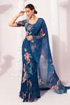 Buy_Preeti Mehta_Blue Chiffon, Lurex Foil Printing, Wildflower Deep Pre-draped Saree With Blouse _Online_at_Aza_Fashions
