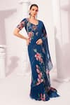 Shop_Preeti Mehta_Blue Chiffon, Lurex Foil Printing, Wildflower Deep Pre-draped Saree With Blouse _Online_at_Aza_Fashions