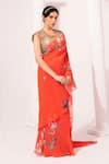 Buy_Preeti Mehta_Orange Chiffon, Lurex Sequins, Wildflower Muse Red Pre-draped Saree With Blouse _Online_at_Aza_Fashions