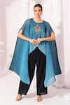 Buy_Preeti Mehta_Blue Chiffon, Lurex Embroidery, Beads Round Neck Ombre Ocean Kaftan And Pant Set _at_Aza_Fashions