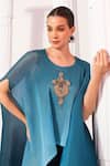 Buy_Preeti Mehta_Blue Chiffon, Lurex Embroidery, Beads Round Neck Ombre Ocean Kaftan And Pant Set _Online_at_Aza_Fashions