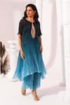 Shop_Preeti Mehta_Blue Chiffon, Lurex Embroidery Round Neck Ombre Ocean Kaftan And Pant Set _Online_at_Aza_Fashions