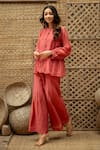 Vaani Beswal_Pink Chanderi Embroidery, Beads, Cut Work Bhumi Hand Pleated Top And Palazzo Set _at_Aza_Fashions