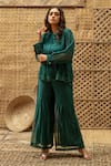 Buy_Vaani Beswal_Green Chanderi Embroidery, Beads Mandarin Bhumi Button-down Top And Palazzo Set _at_Aza_Fashions