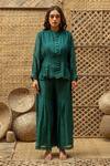 Shop_Vaani Beswal_Green Chanderi Embroidery, Beads Mandarin Bhumi Button-down Top And Palazzo Set 