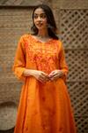 Vaani Beswal_Orange Tissue, Chanderi Embroidery, Beads V-neck Eira A-line Kurta And Pant Set _Online_at_Aza_Fashions