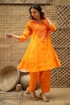 Buy_Vaani Beswal_Orange Tissue, Chanderi Embroidery, Beads V-neck Eira A-line Kurta And Pant Set _at_Aza_Fashions