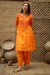 Shop_Vaani Beswal_Orange Tissue, Chanderi Embroidery, Beads V-neck Eira A-line Kurta And Pant Set _Online_at_Aza_Fashions