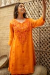 Buy_Vaani Beswal_Orange Tissue, Chanderi Embroidery, Beads V-neck Eira A-line Kurta And Pant Set 