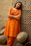 Shop_Vaani Beswal_Orange Tissue, Chanderi Embroidery, Beads V-neck Eira A-line Kurta And Pant Set 