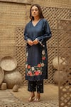 Buy_Vaani Beswal_Navy Silk Applique, Embroidery, Sequins Elina Hand Floral Kurta And Pant Set _at_Aza_Fashions