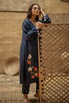 Vaani Beswal_Navy Silk Applique, Embroidery, Sequins Elina Hand Floral Kurta And Pant Set _at_Aza_Fashions