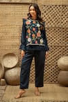 Shop_Vaani Beswal_Navy Cotton Applique, Sequins, Beads, Embroidery Fariah Floral Shirt Pant Set _Online_at_Aza_Fashions
