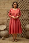 Shop_Vaani Beswal_Pink Cotton Embroidery, Tassels Round Neck Praha Hand Midi Dress _at_Aza_Fashions