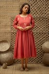 Buy_Vaani Beswal_Pink Cotton Embroidery, Tassels Round Neck Praha Hand Midi Dress _at_Aza_Fashions