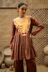 Shop_Vaani Beswal_Brown Chanderi Applique, Embroidery V-neck Rangrez Tunic And Trouser Set _Online_at_Aza_Fashions