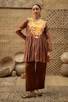 Shop_Vaani Beswal_Brown Chanderi Applique, Embroidery V-neck Rangrez Tunic And Trouser Set _at_Aza_Fashions