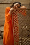 Vaani Beswal Orange Chanderi Beads, Cut Work Round Neck, Split Veda Applique And Flounce Dress at Aza Fashions Vaani Beswal_Orange Chanderi Beads, Cut Work Round Neck, Split Veda Applique And Flounce Dress _at_Aza_Fashions