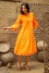 Buy Vaani Beswal Orange Chanderi Beads, Cut Work Round Neck, Split Veda Applique And Flounce Dress Buy_Vaani Beswal_Orange Chanderi Beads, Cut Work Round Neck, Split Veda Applique And Flounce Dress
