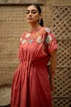 Vaani Beswal_Pink Cotton Applique, Sequins, Embroidery Round Neck Zohra Floral Midi Dress _Online_at_Aza_Fashions