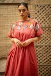 Shop_Vaani Beswal_Pink Cotton Applique, Sequins, Embroidery Round Neck Zohra Floral Midi Dress _Online_at_Aza_Fashions