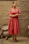 Buy_Vaani Beswal_Pink Cotton Applique, Sequins, Embroidery Round Neck Zohra Floral Midi Dress _at_Aza_Fashions