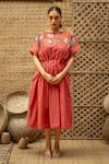 Shop_Vaani Beswal_Pink Cotton Applique, Sequins, Embroidery Round Neck Zohra Floral Midi Dress 