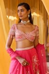 Zoon_Coral Net, Organza Embroidery, Tassels Sweetheart Neck Aari Lehenga Set _Online_at_Aza_Fashions
