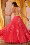 Shop_Zoon_Coral Net, Organza Embroidery, Tassels Sweetheart Neck Aari Lehenga Set _at_Aza_Fashions