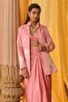 Buy_Zoon_Pink Satin Embroidery High Neck, Aari Jacket Draped Skirt Set _Online_at_Aza_Fashions