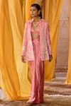 Buy_Zoon_Pink Satin Embroidery High Neck, Aari Jacket Draped Skirt Set _at_Aza_Fashions