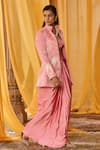 Shop_Zoon_Pink Satin Embroidery High Neck, Aari Jacket Draped Skirt Set _Online_at_Aza_Fashions