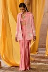 Zoon_Pink Satin Embroidery High Neck, Aari Jacket Draped Skirt Set _at_Aza_Fashions