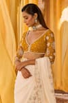 Zoon_Off White Chiffon, Net Embroidery, Sequins V-neck Aari Saree With Blouse _Online_at_Aza_Fashions