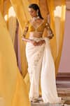 Buy_Zoon_Off White Chiffon, Net Embroidery, Sequins V-neck Aari Saree With Blouse _Online_at_Aza_Fashions