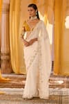 Shop_Zoon_Off White Chiffon, Net Embroidery, Sequins V-neck Aari Saree With Blouse 