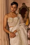 Shop_Zoon_White Silk, Tissue, Organza Embroidery, Zari Work Pre-draped Saree With Corset _Online_at_Aza_Fashions