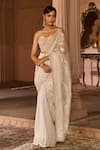 Zoon_White Silk, Tissue, Organza Embroidery, Zari Work Pre-draped Saree With Corset _at_Aza_Fashions